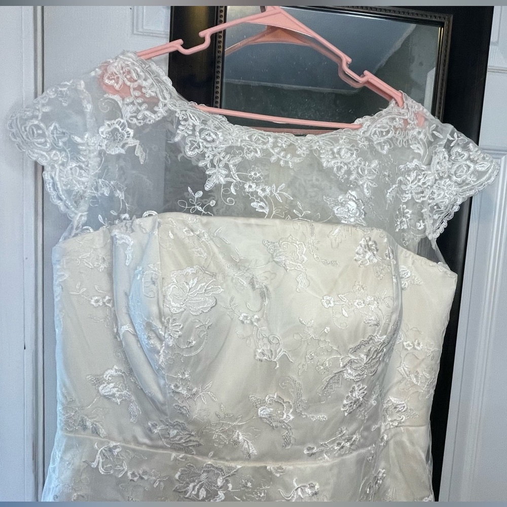 Ivory Lace Cap-Sleeve A-Line Dress - Picture 3 of 11
